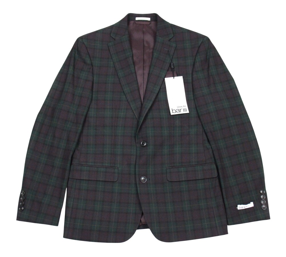 $425 Bar III Mens Green Burgundy Suit Jacket 36 R Slim Fit Wool Blend Stretch
